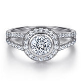 Round Zircon Soleste Halo Modern Split Shank Silver Ring